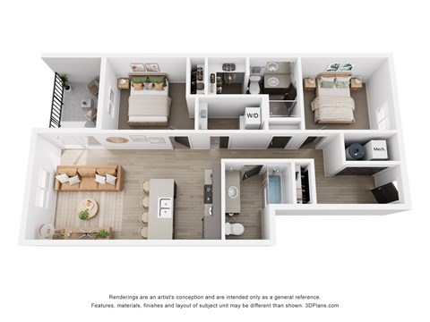 Floor plan for 2 beds, 2 baths, 970 sqft